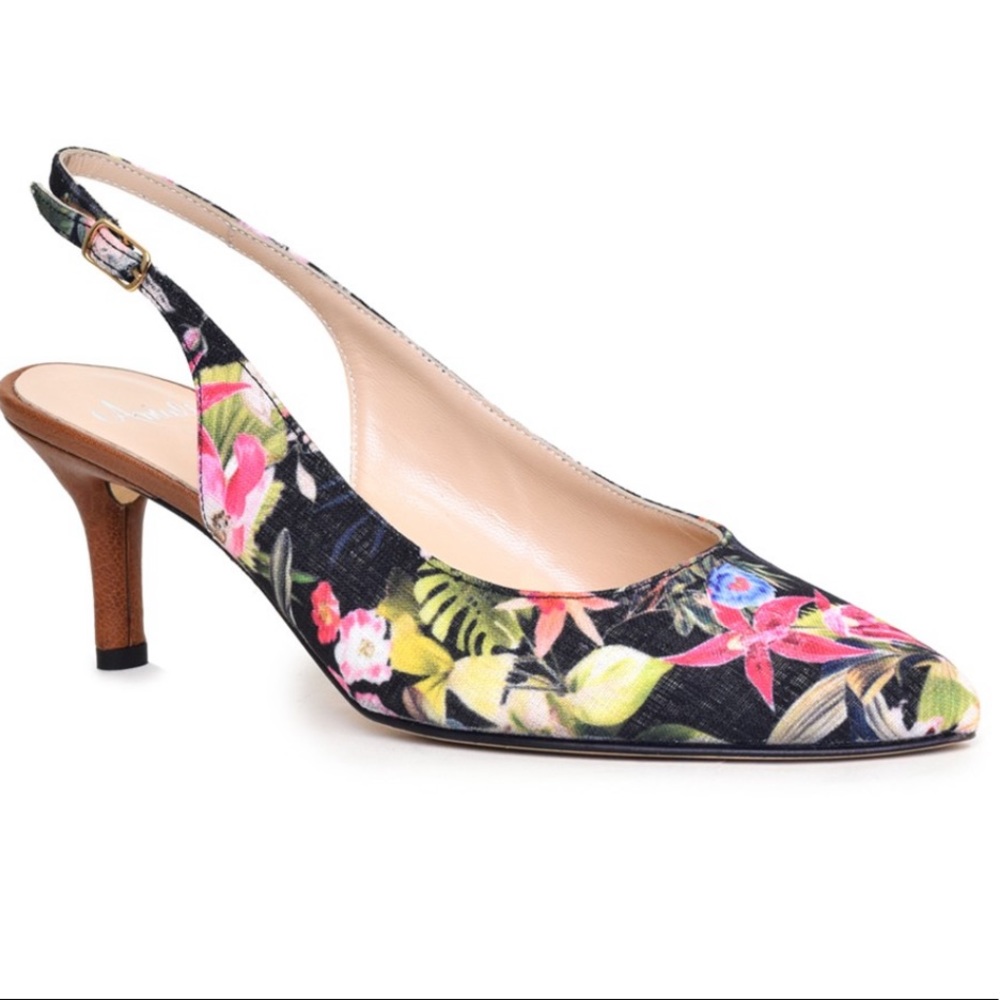 Amalfi Phebe Black Blossom Print/ Cognac Malagakid Heel 7